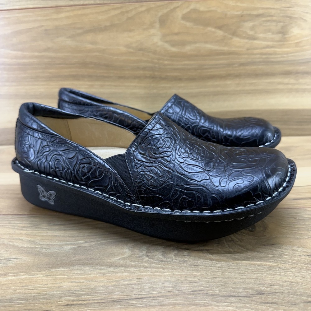 Alegria Deb Debra Rose Floral Embossed Leather 9 EU 39 Black Comfort Walk Nurse